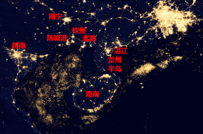 从太空拍摄的最新卫星夜景图,来看北部湾人民晚上都在忙些啥