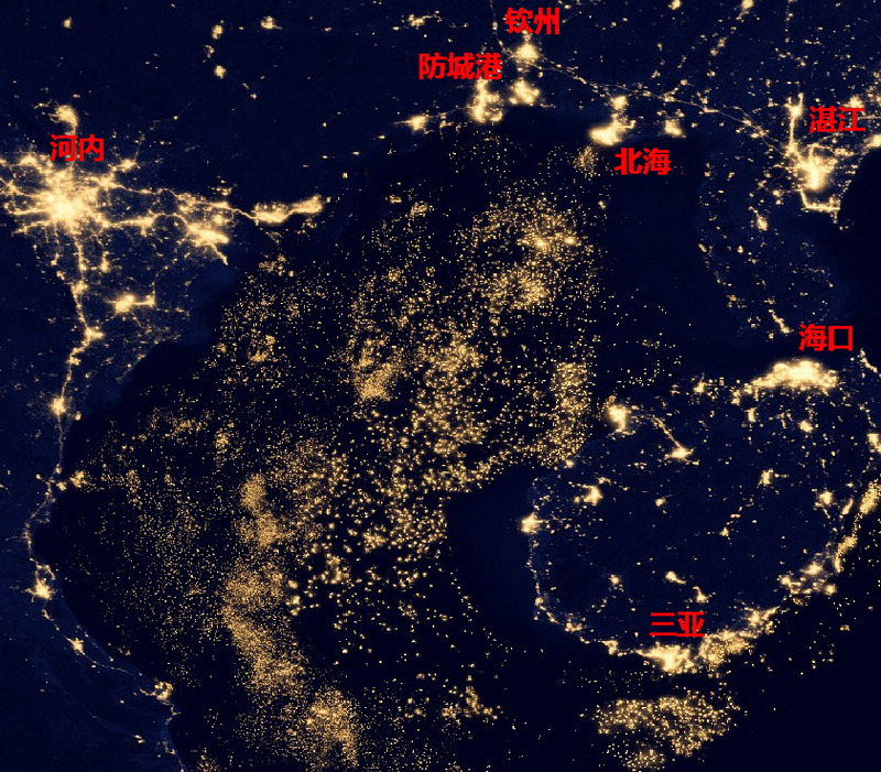 从太空拍摄的最新卫星夜景图,来看北部湾人民