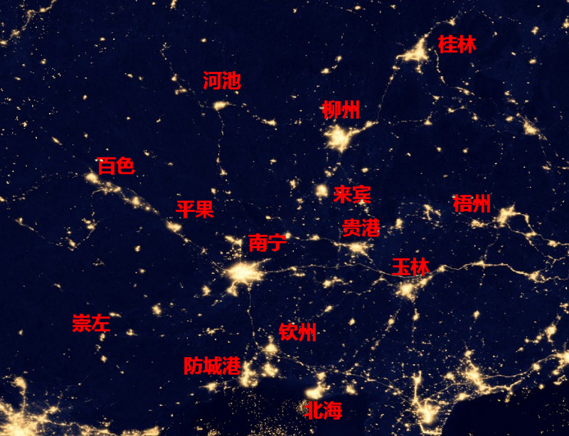 从灯光数量来看,广西各市高下立判最大的几个点,南宁柳州桂林玉林