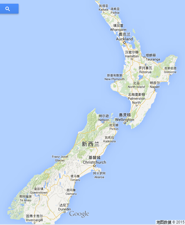 新西兰地图,该国主要由北南两个大岛组成
