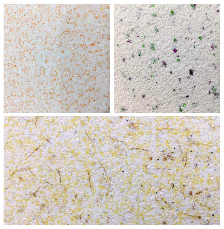 我们的两种砂石墙饰——壁砂和雨沙的原料都是进口的天然硅藻砂.