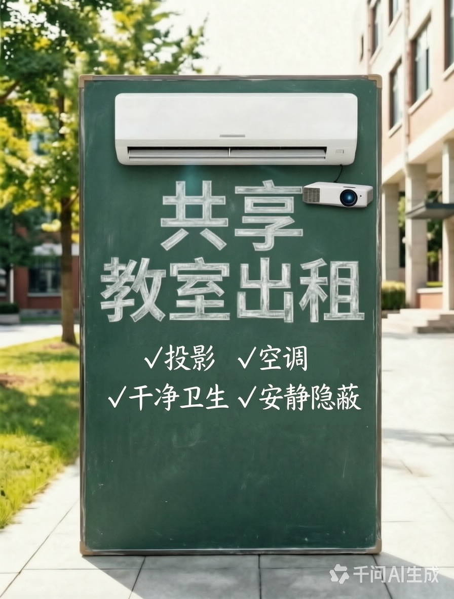 云南西路共享教室出租，带空调+投影，环境安静隐蔽，干净卫生，适合学习、办公、小团队开会用～

空间宽敞，设施齐全，进出方